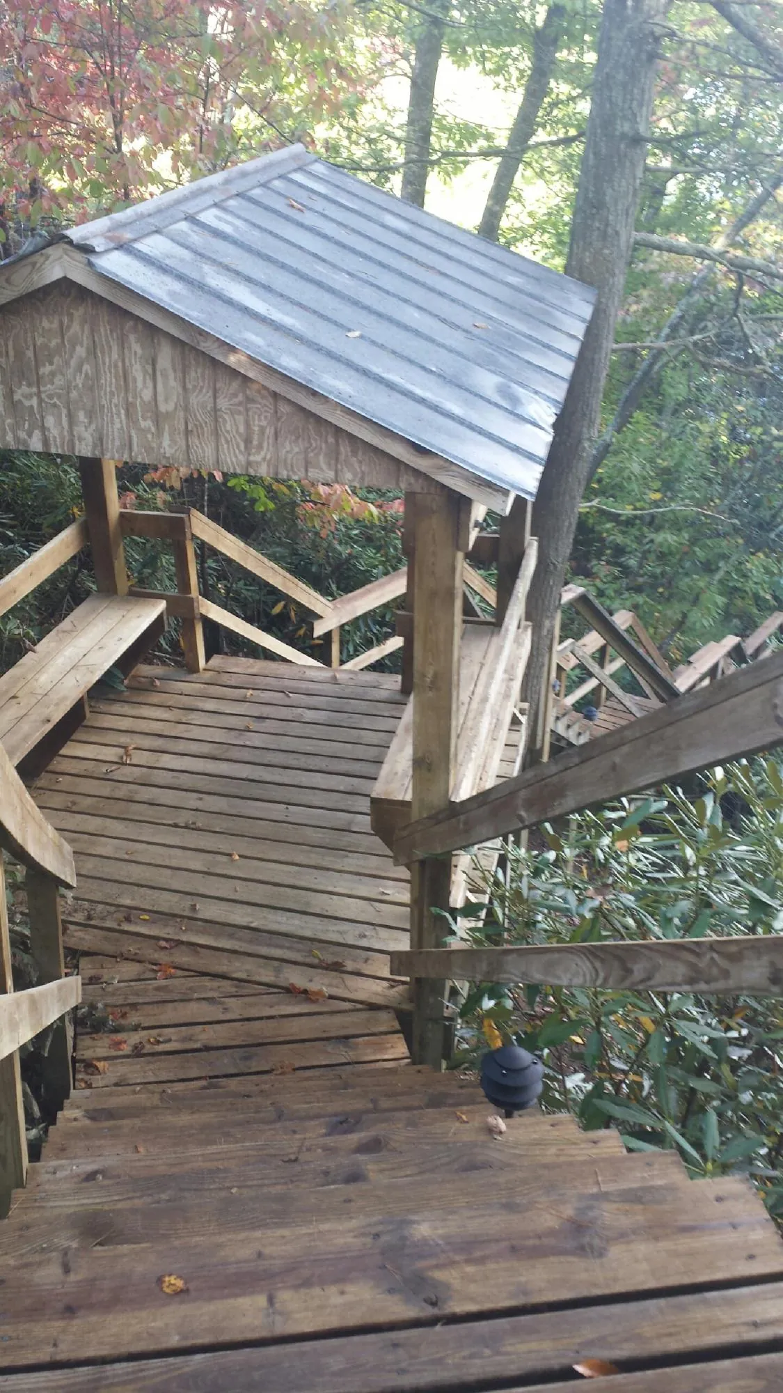 Metal roofed shelter over wooden steps on a wooded walkway — Skylight Repair & Installation work by our crew in Coalport
